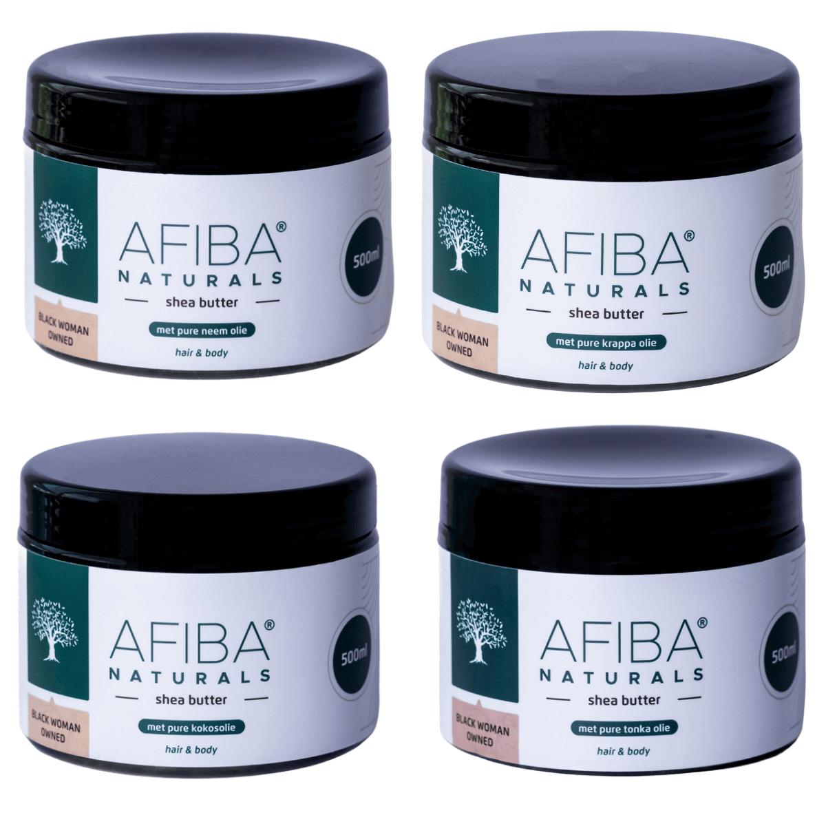 Ultimate Skincare Combo - 4 x 500 ml Shea Butter met pure Krappa, Neem, Kokos en Tonka Olie